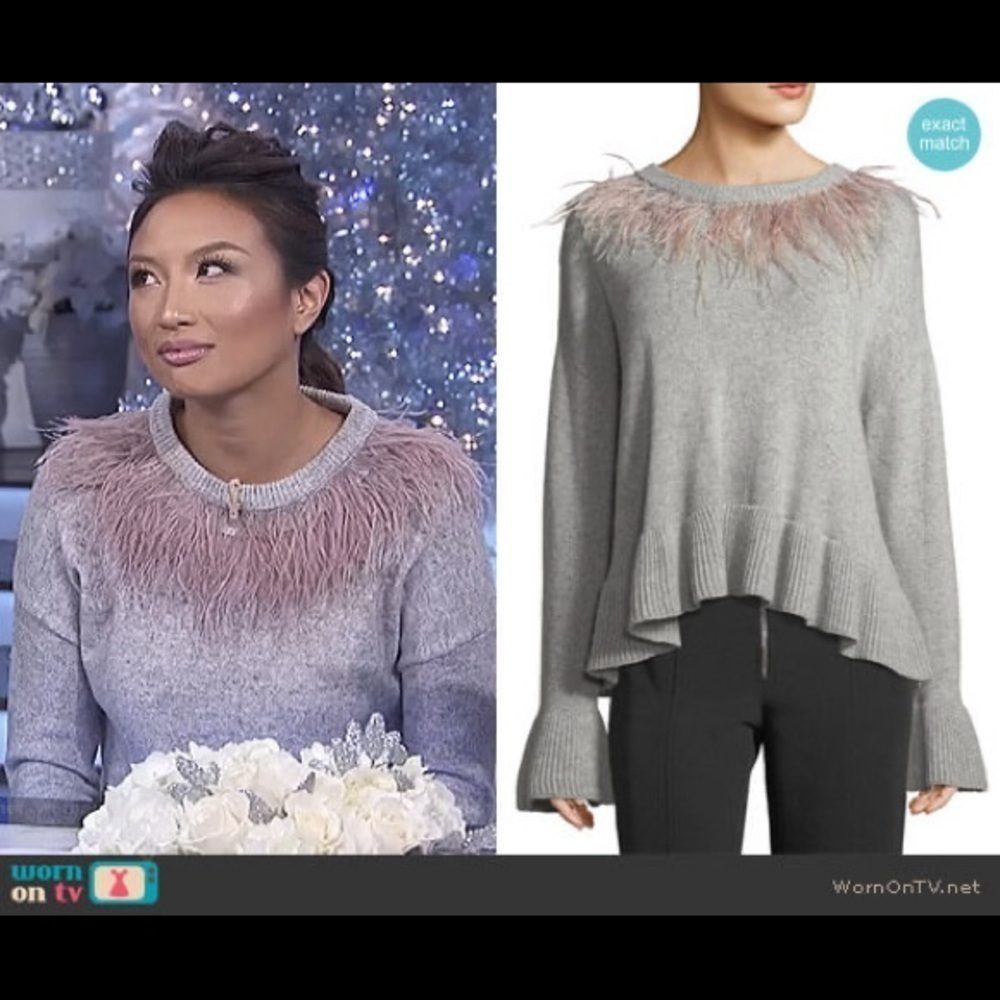 Cinq a sept / grey emira pink Ostrich feather Cropped Ruffle Sweater XS